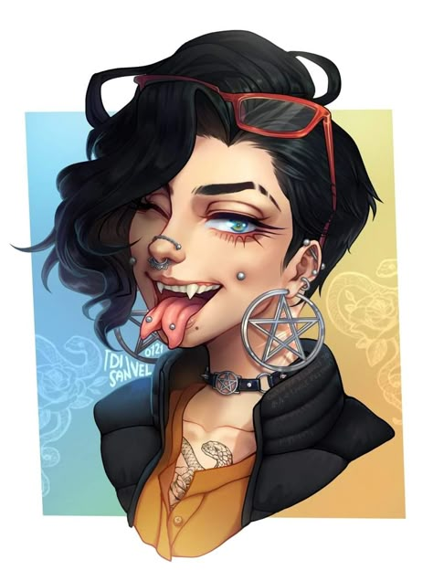 Tattoo Artist Character, Bookworm Character, Goth Character Art, Vampire Character Design, Goth Girl Art, Split Tongue, Cute Vampire, Downward Spiral, Dark Art Drawings