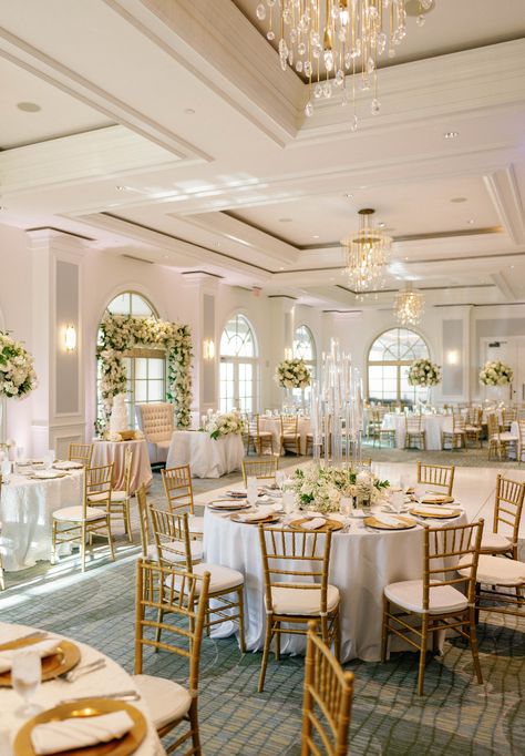 Sarasota Wedding at The Ritz | Halee & Brandon | Hunter Ryan Photo Reception Place Settings, Floral Embroidered Gown, Ballroom Wedding Reception, Ritz Carlton Wedding, Visual Lighting, White Floral Centerpieces, White Arch, Sarasota Wedding, Indoor Wedding Receptions