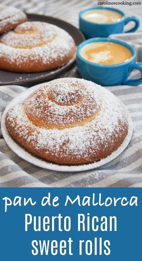 Pan de Mallorca are an egg-rich but light-textured, gently sweet bread roll from Puerto Rico. They're easy to recognize, coiled up and dusted with sugar, and make a delicious breakfast or snack. #sweetroll #puertoricanfood #bread #homemadebread Sweet Bread Rolls, Puerto Rico Food, Boricua Recipes, Bread Roll, Sweet Rolls, Bake Dessert, Bake Desserts, Cuban Recipes, Christmas Dessert