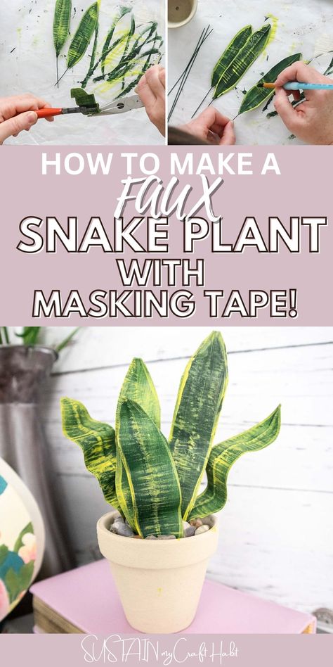 Create a faux snake plant-DIY style with masking tape. You get the same benefits of snake plants but with a lot less upkeep! Video and step by step photo tutorial included. Diy Faux Plants, Diy Faux Flowers, Diy Fake Plants, Mini Plants Diy, Afro Boho, Kids Art Space, Masking Tape Diy, Diy Snake, Plant Diy