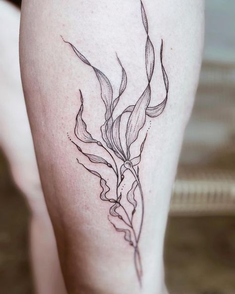 Algae Tattoo Design, Seaweed Wrap Around Tattoo, Sea Turtle Seaweed Tattoo, Kelp Tattoo Design, Feminine Sea Tattoo, Seaweed Tattoo Simple, Underwater Flowers Tattoo, Ocean Plant Tattoo, Water Plants Tattoo