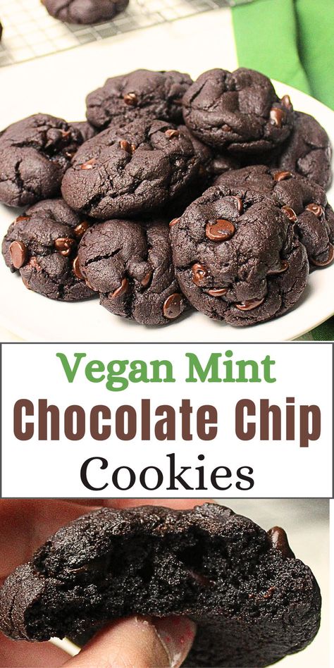 Plate of cookies and a cookie with a bite taken out of it. Gluten Free Andes Mint Cookies, Vegan Single Serve Cookie, Double Chocolate Mint Chip Cookies, Vegan Chocolate Mint Cookies, Chocolate Cookie With Andes Mint, Vegan Sweets Recipes, Vegan Mint Chocolate Chip Ice Cream, Single Serve Cookie, Mint Chocolate Chip Cookies