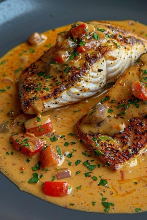 "A plate of salmon fillets topped with creamy Creole sauce, garnished with fresh herbs, perfect for seafood lovers and gourmet dinner at home." Creole Sauce Recipe, Creole Sauce, Fish Dinner Recipes, Red Snapper, Fish Recipes Healthy, Fish Dinner, Diced Tomatoes, Seafood Dinner, Health Dinner Recipes