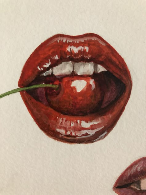 Art Sketchbook Lips, Red Drawing Aesthetic, Tongue Piercing Drawing, Lips Drawing Color, Sketch Book Ideas Aesthetic Colourful, Lips Art Painting, How To Paint Lips, Red Lips Drawing, Watercolour Lips