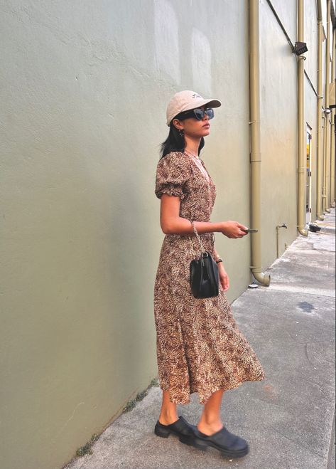 Faithfull the brand dress, ganni rubber city mules, sabo skirt hat, vintage coach bag Vintage Coach Bag, Brand Dress, Vintage Coach Bags, Sabo Skirt, Faithfull The Brand, Coach Bag, Vintage Coach, Dress Summer, Summer Outfit