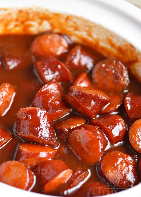 Slow Cooker Kielbasa Bites Sweet And Sour Kielbasa, Kielbasa Appetizer, Kielbasa Bites, Best Appetizers Ever, Slow Cooker Kielbasa, Best Appetizer, Mom On Timeout, Crockpot Appetizers, Kielbasa Recipes