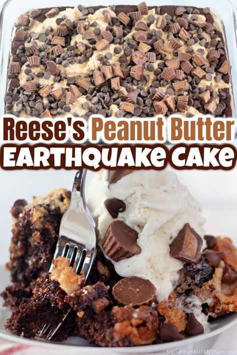 This Reese's Peanut Butter Earthquake Cake is a delicious and wacky cake made of rich chocolate cake, a sweet peanut butter layer, chocolate chips, and Reese's Peanut Butter Cups. The cake may look like an earthquake, but the flavors will absolutely delight! Reese’s Chocolate Peanut Butter Cup Earthquake Cake, Reeses Cakes, Peanut Butter Cup Birthday Cake, Reese’s Pieces Cupcakes, Chocolate Peanutbutter Cake, Reeses Dessert Recipes, Reese’s Cake, Earthquake Cake Recipe, Peanut Butter Chocolate Cake