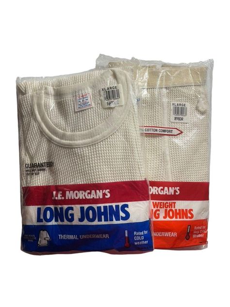 This vintage J.E. Morgan Long Johns thermal underwear set is perfect for men who want to stay warm and comfortable. Bottoms: 100% natural cotton Reinforced seams. Double layer ankle cuffs. Tapered fly. Heavyweight Top: Cotton polyester blend. Double layer cuffs. Reinforced sleeve seams. Ribbed neckband. Machine washable. Waffle pattern. Size XL NEW OLD STOCK vintage J.E. Morgan Long Johns thermal underwear set. Morgan Long, Mens Undershirts, Long Johns, Mens Vests, Base Layer, Natural Cotton, Stay Warm, Double Layer, Bathing Beauties