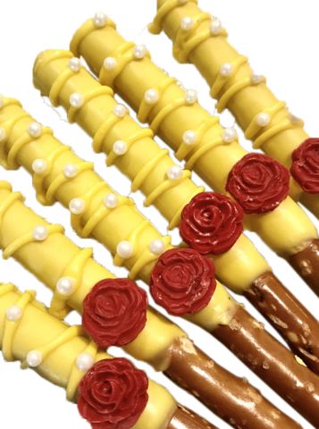 Choco Pretzels, Candy Table Ideas, 16 Party Ideas, Sweet 16 Party Ideas, Beauty And The Beast Quince, Beauty And The Beast Wedding Theme, Disney Sweet 16, Belle Birthday Party, Covered Pretzel Rods