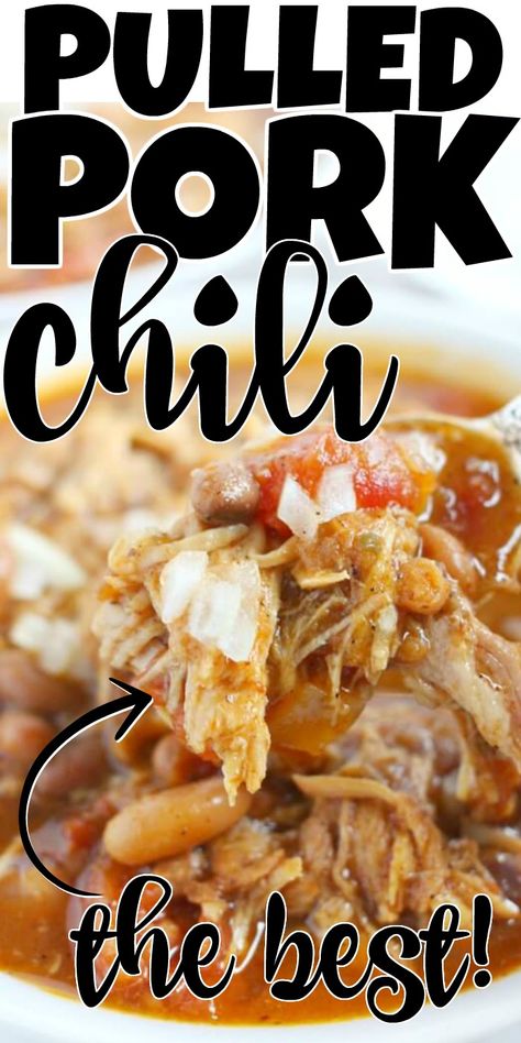 Tender pork and hearty beans in a savory sauce with just a touch of sweetness made in your slow cooker or instant pot, this pulled pork chili is so good that my 13 year old hid the last serving in the back of the fridge so he could have it to himself! Pulled Pork White Chili, Pork White Bean Chili, Slow Cooker Pulled Pork Chili, Bbq Pork Soup, Serve With Chili What To, Chili With Pulled Pork, Pork Chili Recipe Crockpot, Pulled Pork Uses, Soup With Pulled Pork