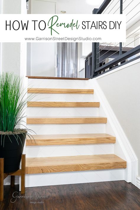 How to Remodel Stairs DIY Chunky Stair Treads, Interior Steps Ideas, Diy Stair Treads, Diy Stairs Makeover Cheap, Basement Steps Ideas, Stair Redo, Carpet On Stairs, Refinish Stairs, Staircase Renovation