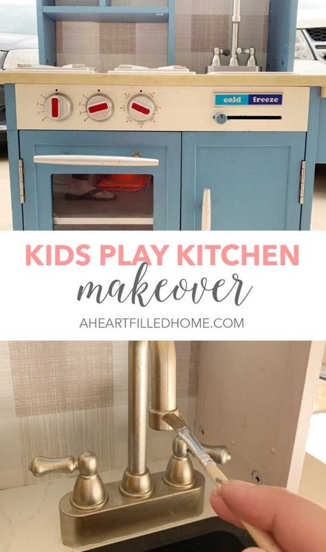 I was so excited to finish this kids play kitchen makeover! By using peel and stick wallpaper and Country Chic Paint I transformed this play kitchen! Repaint Play Kitchen, Retro Play Kitchen Makeover, Kid Kitchen Makeover, Paint Play Kitchen, Kids Kitchen Makeover, Play Kitchen Hack, Play Kitchen Makeover, Ikea Play Kitchen Hack, Ikea Kids Kitchen