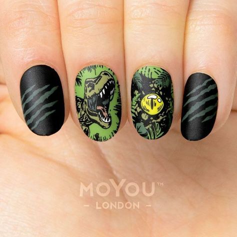 Jurassic Park Nails Designs, Dinosaur Nails Designs, Jurassic Park Nails, Dinosaur Nail Art, Dinosaur Nails, Stamped Nails, Animal Nail Designs, Stamping Nail Polish, Animal Nail Art