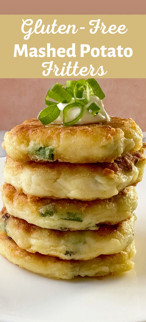 Leftover mashed potatoes never tasted so good! This quick + easy gluten-free recipe transforms leftover mashed potatoes into fritters that are crispy on the outside, fabulously creamy (and a little cheesy) on the inside! You may even want to make some extra mashed potatoes once you try them! Gluten Free Potato Recipes, Gluten Free Fritters, Mashed Potato Fritters, Gluten Free Mashed Potatoes, Gf Sides, Healthy Mashed Potatoes, Potato Fritters, Gluten Free Sides, Gluten Free Thanksgiving