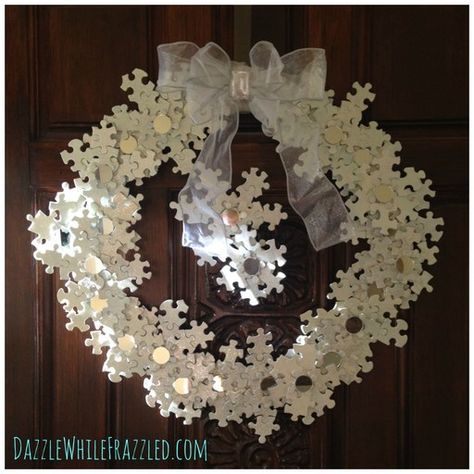 puzzle-piece-snowflake-wreath Store Puzzles, Puzzle Piece Art, Puzzle Piece Crafts, Snowflake Wreath, Terracotta Flower Pots, Puzzle Crafts, Christmas Wreaths To Make, Christmas Decorations For The Home, Snowflake Christmas