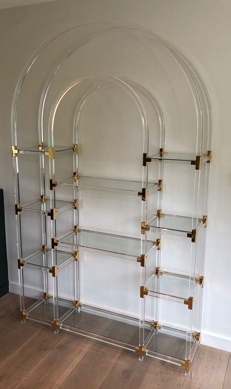 Lucite, Gilded Metal and Glass Shelve. American Wo - Decorative Collective Glass Etagere, Lucite Furniture, Decorative Shelves, Famous Designer, Decorating Shelves, Interior Design Diy, Shelf Unit, Selling Antiques, Vintage Lucite