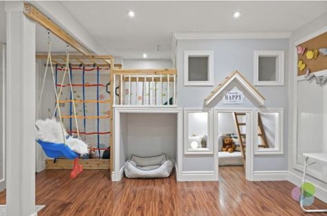 Lofted Play Space, Playhouse In Playroom, Playroom Loft Ideas For Kids, Indoor Playground Basement, Basement Kids Playroom, House Playroom, Dream Playroom, Girl Playroom, Basement Diy