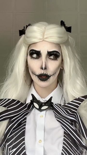 Jack Makeup Nightmare Before Christmas, Jake Skellington Makeup, Jack Skellington Inspired Makeup, Female Jack Skellington Makeup, Jack Skellington Female Costume, Girl Jack Skellington Costume, Jack The Skeleton Makeup, Jack Makeup Halloween, Jack Skellington Costume Women