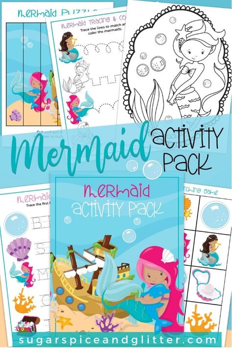 Mermaid Printable Pack ⋆ Sugar, Spice and Glitter Babysitting Worksheets, Mermaid Activities, Free Printable Mermaid, Mermaid Printables, Mermaid School, Tracing Activities, Fine Motor Development, Mermaid Crafts, Mermaid Vibes