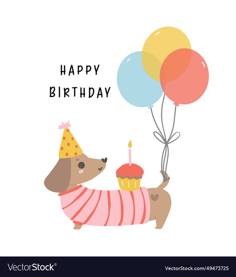 Dog Birthday Illustration, Cartoon Hand Drawing, Arte Dachshund, Dachshund Illustration, Small Frames, Birthday Card Drawing, Hat Vector, Birthday Illustration, Dog Birthday Card