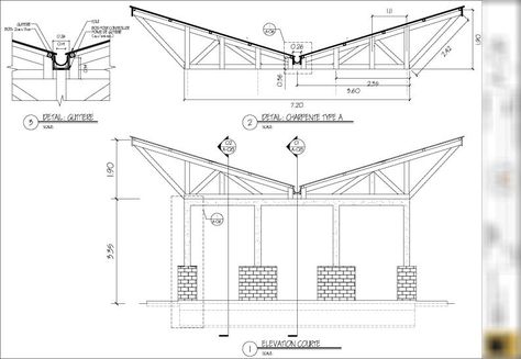 Drawing: Inverted Truss with Gutter Detail Roof Drawing, Roof Truss Design, Butterfly Roof, Section Drawing, Roof Construction, Roof Architecture, Roof Trusses, Roof Structure, Patio Roof