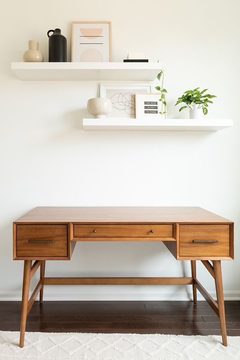 Mid Century Modern Office Desk, West Elm Desk, West Elm Mid Century, Ikea Closet Organizer, Neutral Office, Mid Century Office, Mid Century Modern Office, Mid Century Modern Desk, Minimalist Desk