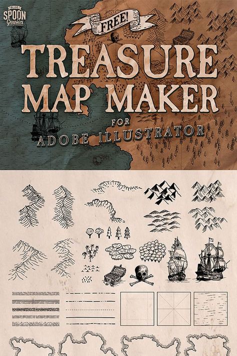 Treasure Map Maker for Adobe Illustrator Pirate Map Illustration, Fantasy Map Brushes Procreate Free, Procreate Map Brushes Free, Map Brushes Procreate, Procreate Map, Dnd Landscape, Fantasy Notebook, Kingdom Design, Adobe Illustrator Brushes