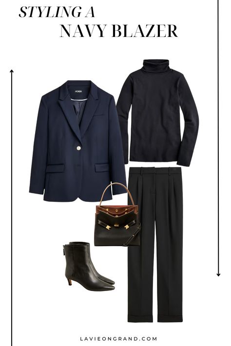 8 outfit combinations styling a navy blazer. Look timeless and classic for any season. Dark Navy Blazer Women, Women’s Navy Blazer Outfit, Navy Blue Blazer Outfit Women Winter, Navy Monochrome Outfits For Women, Turtleneck And Blazer Women, Styling Navy Blue Blazer Women, Styling A Navy Blazer, Navy Velvet Blazer Outfit Women, Navy Blazer Black Pants Outfit Women