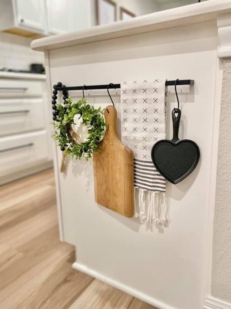 Cookbook Storage On Top Of Cabinets, Diy Apartment Kitchen, Farmhouse Kitchen Above Cabinets, Oven Decor, Behind Oven Decor, On Top Of Refrigerator Decor, Farmhouse Decor For Top Of Refrigerator, Kitchen Rail With Hooks Decor, Hanging Utensils Over Stove