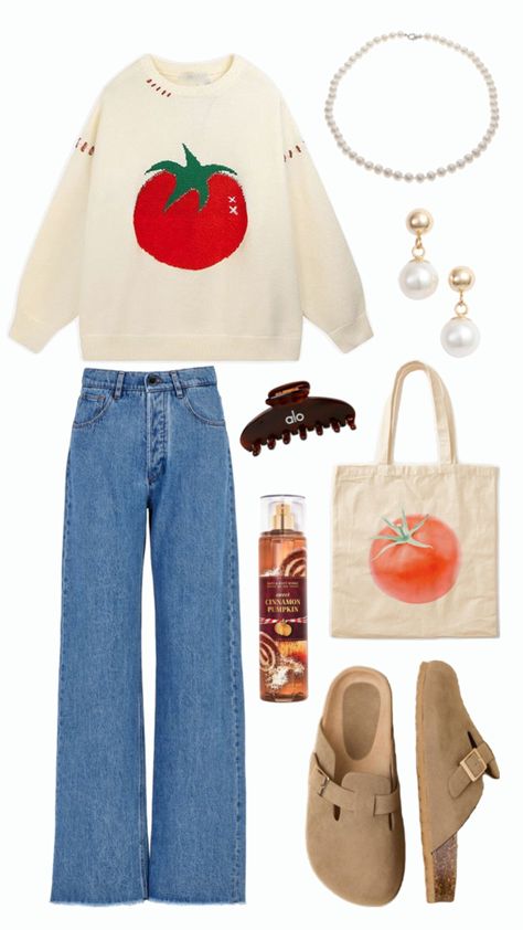 Off white sweater with a big red tomato on the front, denim jeans, cream slip on uggs, cinnamon pumpkin perfume, tote bag with a big red tomato print, dark brown claw clip, dangling pearl earrings, pearl necklace. Late Summer Fall Outfits, Hot Weather Fall Outfits, Summer Fall Outfits, Outfits For Hot Weather, Master Wardrobe, Warm Spring Color Palette, Summer/fall Outfits, School Clothes, Warm Spring