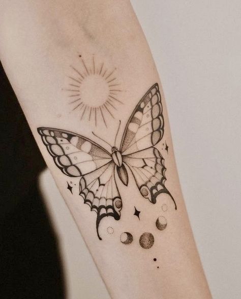 Sun With Butterfly Tattoo, July Butterfly Tattoo, Snake And Butterfly Tattoos For Women, Dotted Butterfly Tattoo, Butterfly Celestial Tattoo, Sun And Moon Butterfly Tattoo, Art Nouveau Butterfly Tattoo, Moth And Butterfly Matching Tattoos, Butterfly Tattoo Inspiration