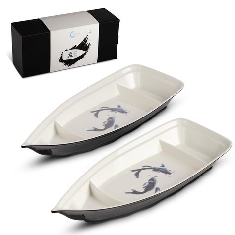 PRICES MAY VARY. Elevate Your Culinary Presentation - Measuring 14.17" x 6.30" x 2.17", its generous size ensures a captivating display for your sushi creations. Impress your guests with this two-piece boat sushi plate set designed for enhancing your plating skills. Nearly Unbreakable - Resembling delicate porcelain, these melamine plastic serving boats add an elegant touch to your dining experience. Enjoy peace of mind as it is virtually unbreakable, BPA-free, and top rack dishwasher safe. Vers Sushi Tray Ceramic, Sushi Plate Set, Sushi Tray, Sushi Plates, Sushi Boat, Sushi Dinner, Serving Tray Set, Sushi Set, Sushi Plate