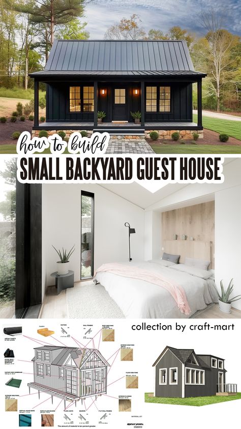 backyard guest house ADU 2 Bedroom Mother In Law Suite Plans, Building A Guest House, Tiny Guest House Plans, Guest House Inspiration, Adu In Backyard, Mini House Backyard, Backyard Inlaw Suite Tiny House, Backyard Tiny House Ideas, Detached Adu Ideas