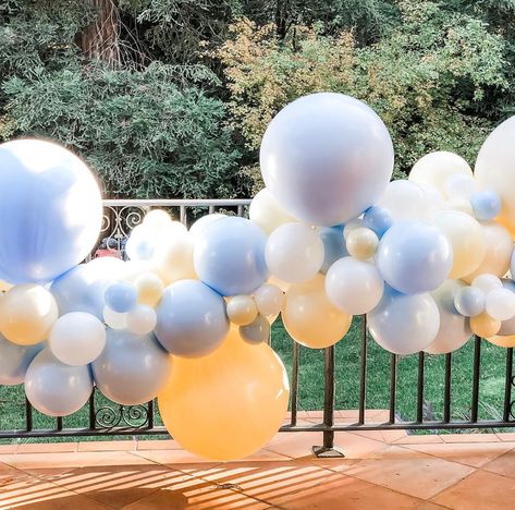 Hip + Hooray on Instagram: “Showered with love! Pastel blue and yellow balloons for the sweetest baby shower ⭐️” Blue And Yellow Balloon Decor, Yellow And Blue Birthday Decor, Yellow And Blue Balloons, Blue And Yellow Balloon Arch, Blue And Yellow Baby Shower Ideas, Yellow Baby Shower Theme, Blue And Yellow Pastel, Shower Colors, Showered With Love