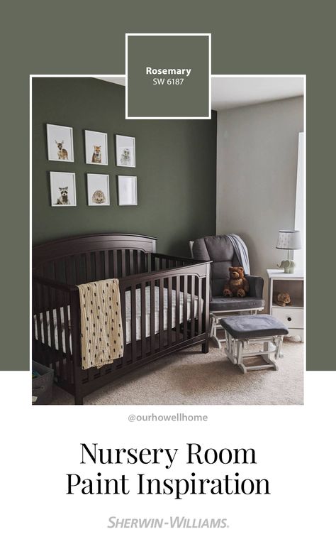 Rosemary SW 6187 from Sherwin-Williams adds big color in your little one's room. Paint accent walls in this deep, rich, green hue to add a calm, grounded vibe perfect for any nursery. Tap this pin to have a free color chip mailed to your house. Thanks for sharing your #SWColorLove, @howellhome (on Instagram). #sherwinwilliams #DIY #color #inspiration #colorinspiration #nursery #paint Soothing Green Bedroom, She Twin Williams Dark Green, Green Nursery Dark Wood, Green Accent Wall Colors Sherwin Williams, Sherrington Williams Green Paint, Green Fireplace Wall Paint Colors, Green Accent Wall Bedroom Sherwin Williams, Privledge Green Sherwin Williams Bedroom, Olive Green Nursery Wall