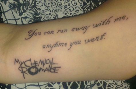 My Chemical Romance Tattoo. Mcr Matching Tattoos, Matching Lyric Tattoos, Emo Matching Tattoos, Tattoo Music Ideas, Body Distortion, My Chemical Romance Tattoo, Mcr Tattoo, Romance Tattoo, Fandom Tattoos