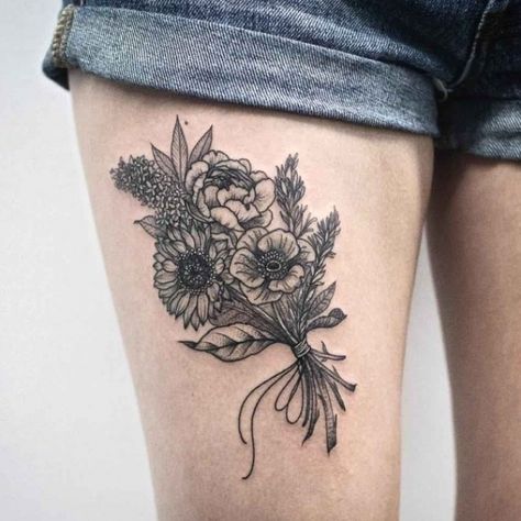 Floral Bouquet Tattoo Thigh, Thigh Bouquet Tattoo, Floral Bunch Tattoo, Bouquet Tattoo Thigh, Flower Bouquet Tattoo Thigh, Flower Bunch Tattoo, Bunch Of Flowers Tattoo, Bouquet Tattoos, Bouquet Of Flowers Tattoo