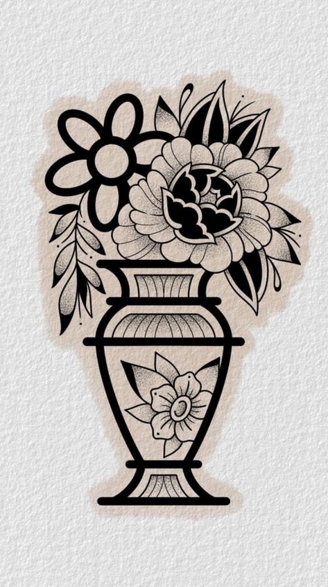 Vase Of Roses Tattoo, Traditional Writing Tattoo, Trad Vase Tattoo, Semi Traditional Tattoo, American Traditional Feminine, Mexican Flowers Tattoo, Vase Traditional Tattoo, Small Masculine Tattoos, Neo Traditional Tattoo Design Sketches