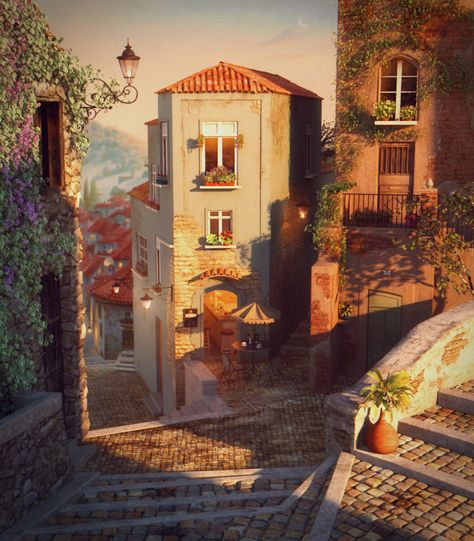 Evgeny Lushpin, Sunset Village, Tuscan Village, 판타지 아트, Different Light, Fantasy Landscape, 그림 그리기, Landscape Art, Aesthetic Art