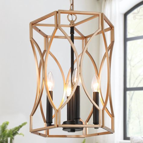 Uolfin Lilith 4-Light Soft Gold and Matte Black Modern/Contemporary Cage Chandelier in the Chandeliers department at Lowes.com Drum Cage, Candlestick Chandelier, Hanging Light Bulbs, Cage Chandelier, Gold Lanterns, Drum Pendant Lighting, Gold Pendant Lighting, Island Chandelier, Geometric Chandelier