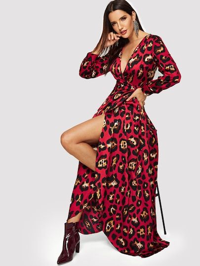 Leopard Print Surplice Wrap Dress | SHEIN Leopard Print Wrap Dress, Floral Lace Maxi Dress, Tie Maxi Dress, Natural Clothing, Dress Classy, Pink Leopard Print, Printed Wrap Dresses, Leopard Dress, Satin Maxi Dress