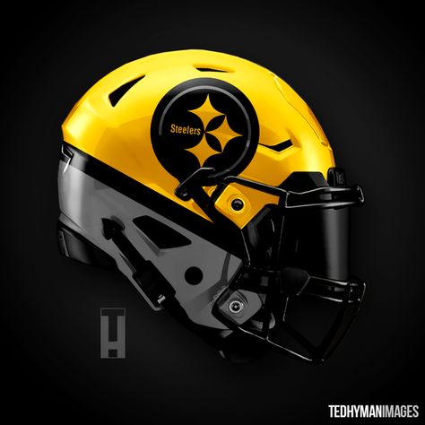 Artist gives all 32 NFL teams helmet re-design | WKRC New Nfl Helmets, Pittsburgh Steelers Helmet, Cool Football Helmets, Steelers Helmet, Steelers Wallpaper, Football Helmet Design, Pittsburgh Steelers Wallpaper, Nfl Team Colors, Nfl Helmets