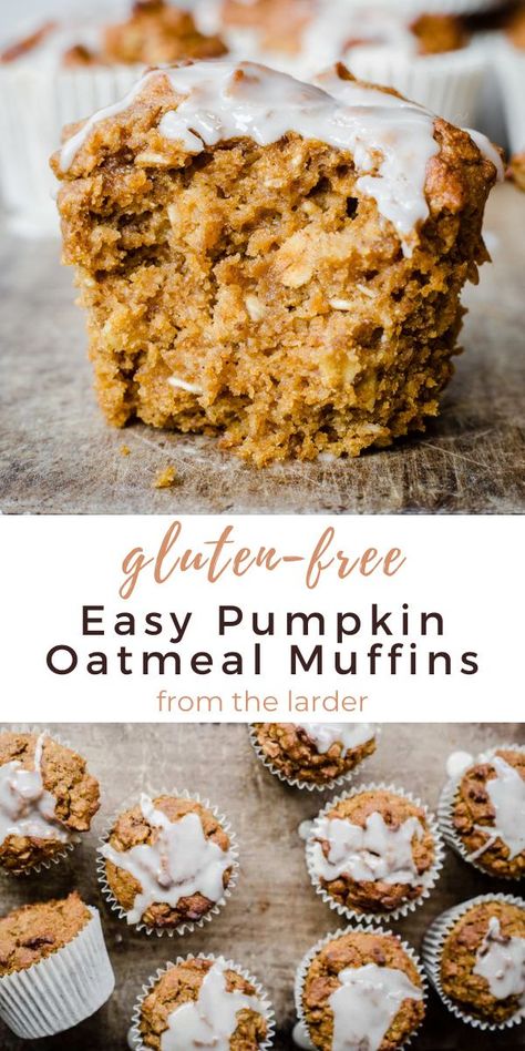 These Pumpkin Oatmeal Muffins are incredibly moist and flavourful. Made with gluten-free rolled oats, almond flour and plenty of spice for the ultimate Autumn treat. #FromTheLarder Pumpkin Almond Flour Muffins, Oat Flour Pumpkin Muffins, Easy Pumpkin Oatmeal, Almond Flour Pumpkin Muffins, Almond Flour Pumpkin, Gf Muffins, Pumpkin Oatmeal Muffins, Gluten Free Snacks Recipes, Gluten Free Pumpkin Recipes