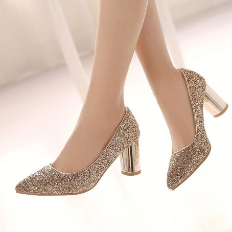 Lsewilly New Wedding Party Shoes High Heels Gold Silver Women Pumps 2018 Thick Heel Pointed Toe Female Shoes Size 33-48 S423 Outfit Accessories From Touchy Style | Casual Shoes, Fabric, For Party, For Women's, Golden, High Heel, Red, Silver. | Free International Shipping. Chunky Pumps, Wedding Party Shoes, Casual Shoes Outfit, Female Shoes, Quince Ideas, Heels Gold, Knee High Heels, Red Prom, Womens Summer Shoes