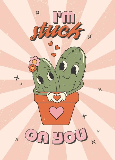 Retro groovy valentines day greeting card, banner, poster, invitation, background. Cute cactus Cactus Valentine, Groovy Valentines, Vector Snowflake, Cute Background, Background Cute, Cute Cactus, Invitation Background, Valentine's Day Greeting Cards, Retro Groovy