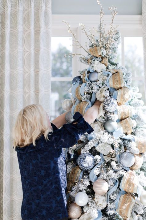 Blue And Gold Christmas Tree, Tree Decorating Tips, Blue And Gold Christmas, Blue Christmas Tree Decorations, Christmas Tree Decorating Tips, Flocked Christmas Trees Decorated, Blue Christmas Decor, Silver Christmas Decorations, Christmas Tree Decorating