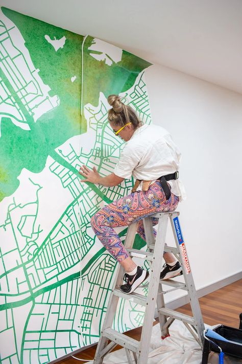 Custom designed wallpaper mural featuring hand drawn map of Sydney with beautiful green watercolour background Office Mural Ideas, Office Mural, Watercolour Background, Mural Artist, Hand Drawn Map, Drawn Map, Real Estate Office, Giraffe Art, Sydney Harbour