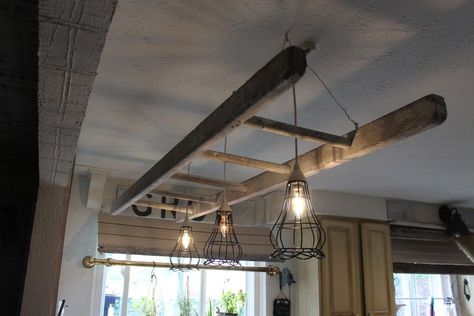 Ladder Lights Hanging Kitchen, Diy Pendent Light, Ceiling Lighting Ideas, Diy Industrial Lighting, Valley House, Rustic Kitchen Lighting, Track Lights, Farmhouse Designs, Wooden Ceiling