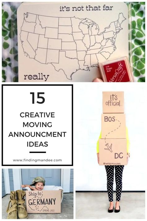 15 Moving Announcement Ideas - finding mandee We Moved Announcement Picture, Moving Abroad Announcement, We Are Moving Announcement Photo, Moving Announcement Ideas, Moving Announcement Photo, Change Of Address Cards, Military Move, Moving Photos, Moving Announcement