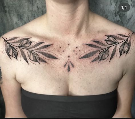 Flowers On Collar Bone Tattoo, Symmetric Chest Tattoo, Leaf Chest Tattoo, Botanical Chest Tattoo, Collar Bone Shoulder Tattoo, Leaf Collar Bone Tattoo, Flower Collar Bone Tattoo, Chest Tattoo Unique, Collar Tattoos